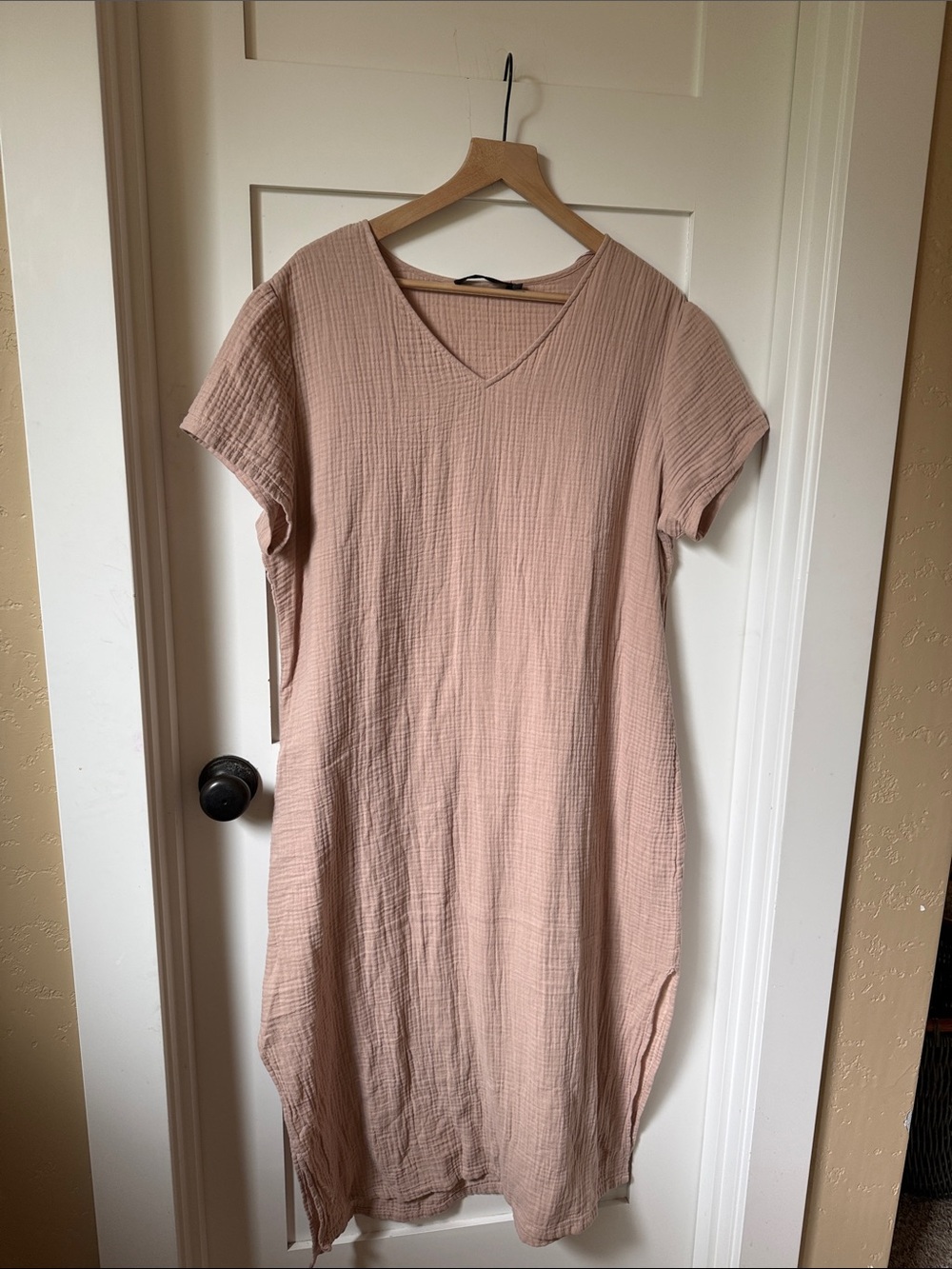 Jenni Kayne Cypress Dress V-neck Caftan Gauze Cotton Short Sleeve Blush L